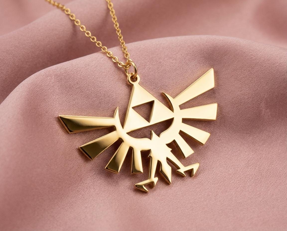 Triforce Necklace, Hylian Crest Pendant, Legend of Zelda Jewelry, Royal Family Symbol, Gold Gamer Gift, Hyrule Fantasy Charm, Cosplay Prop