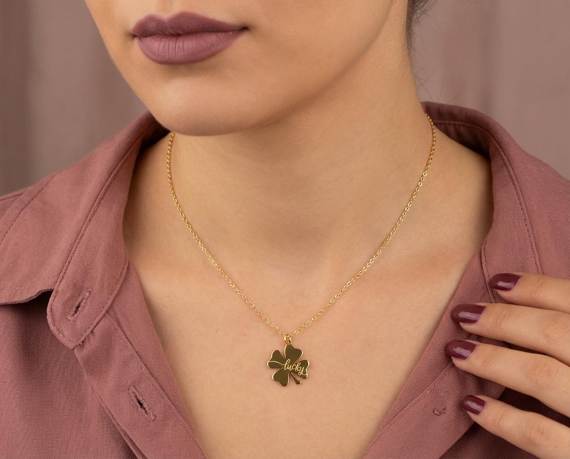 Lucky Clover Necklace, Good Luck Charm, Four Leaf Clover Pendant, Inspirational Word Jewelry, New Job Gift, Graduation Gift for Her
