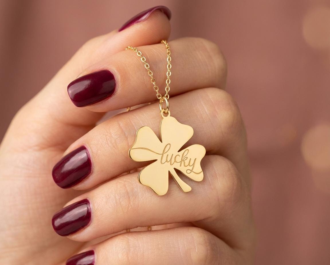 Gold Shamrock Necklace, St Patricks Day Jewelry, Lucky Script Pendant, Irish Symbol Charm, Cute Spring Necklace, Festive Gift