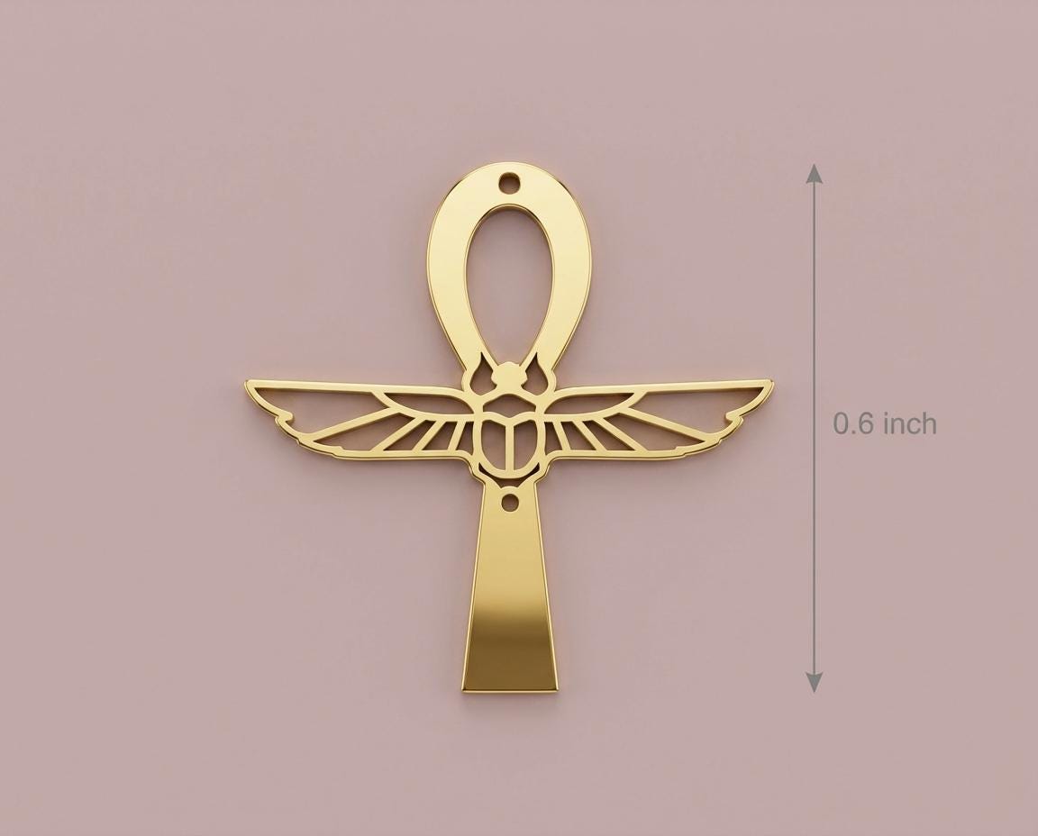 Ankh Cross Necklace, Winged Scarab Pendant, Ancient Egyptian Jewelry, Symbol of Life, Protection Amulet, History Lover Gift, Gold Vermeil