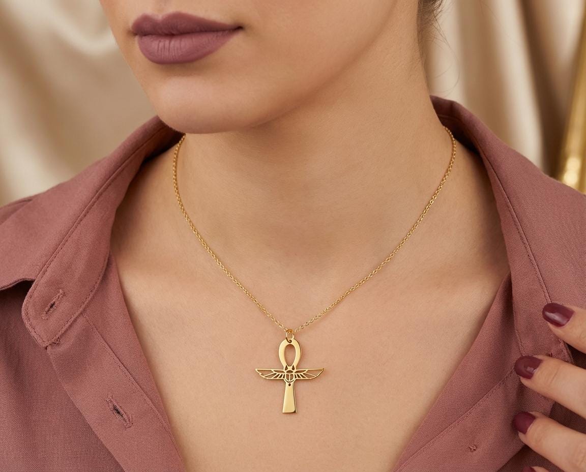 Winged Ankh Pendant, Egyptian Scarab Necklace, Spiritual Resurrection Symbol, Mythology Jewelry, Beetle Charm, Boho Necklace for Her