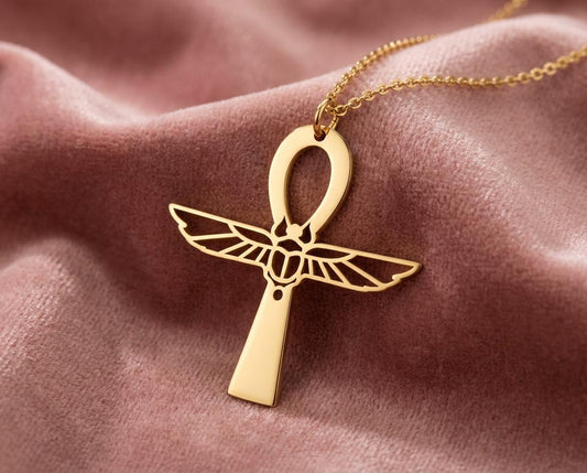 Ankh Cross Necklace, Winged Scarab Pendant, Ancient Egyptian Jewelry, Symbol of Life, Protection Amulet, History Lover Gift, Gold Vermeil