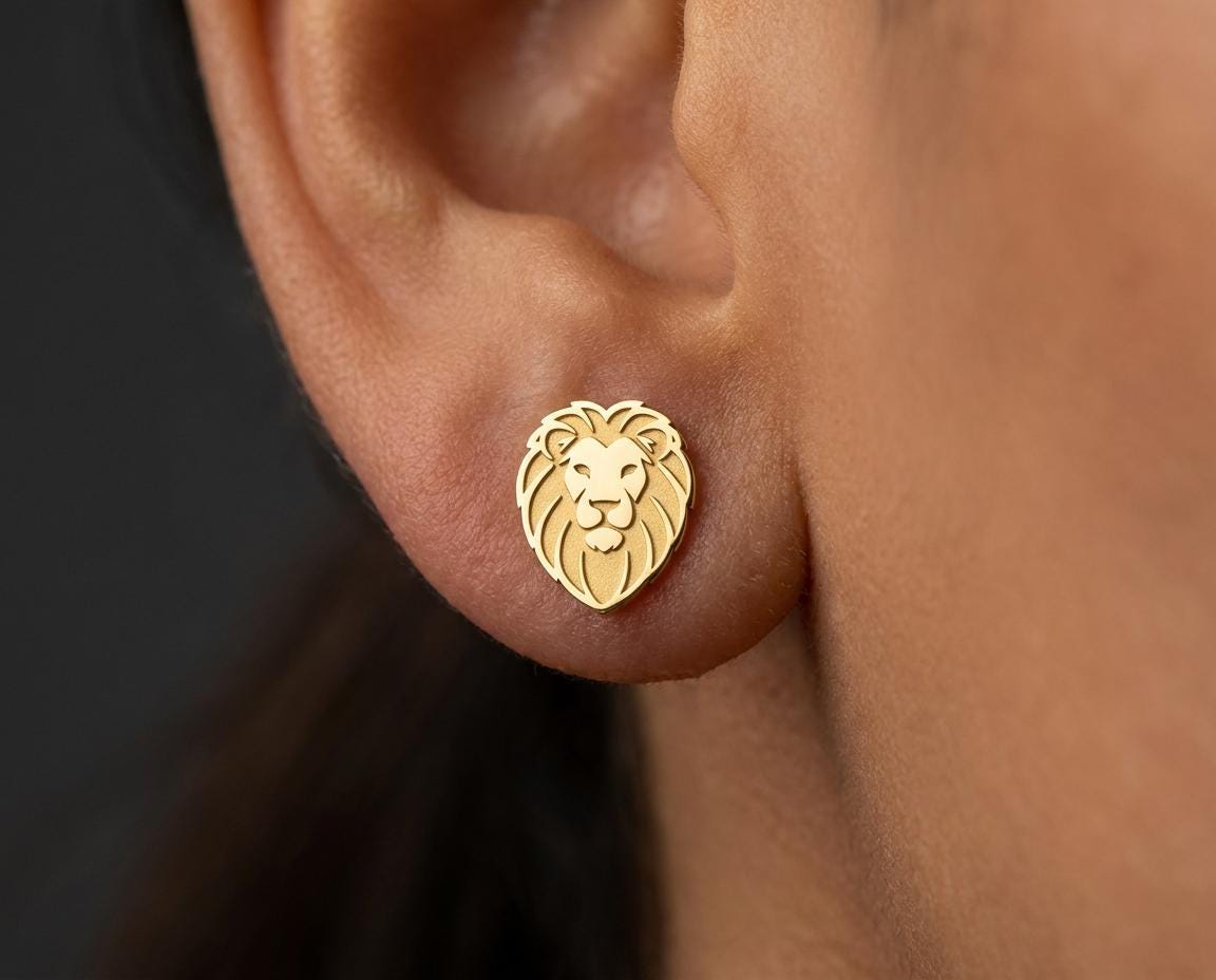 Lion Stud Earrings, Minimalist Animal Jewelry, Leo Zodiac Earring, Safari Animal Stud, Strength Symbol Gift, Gift for Her