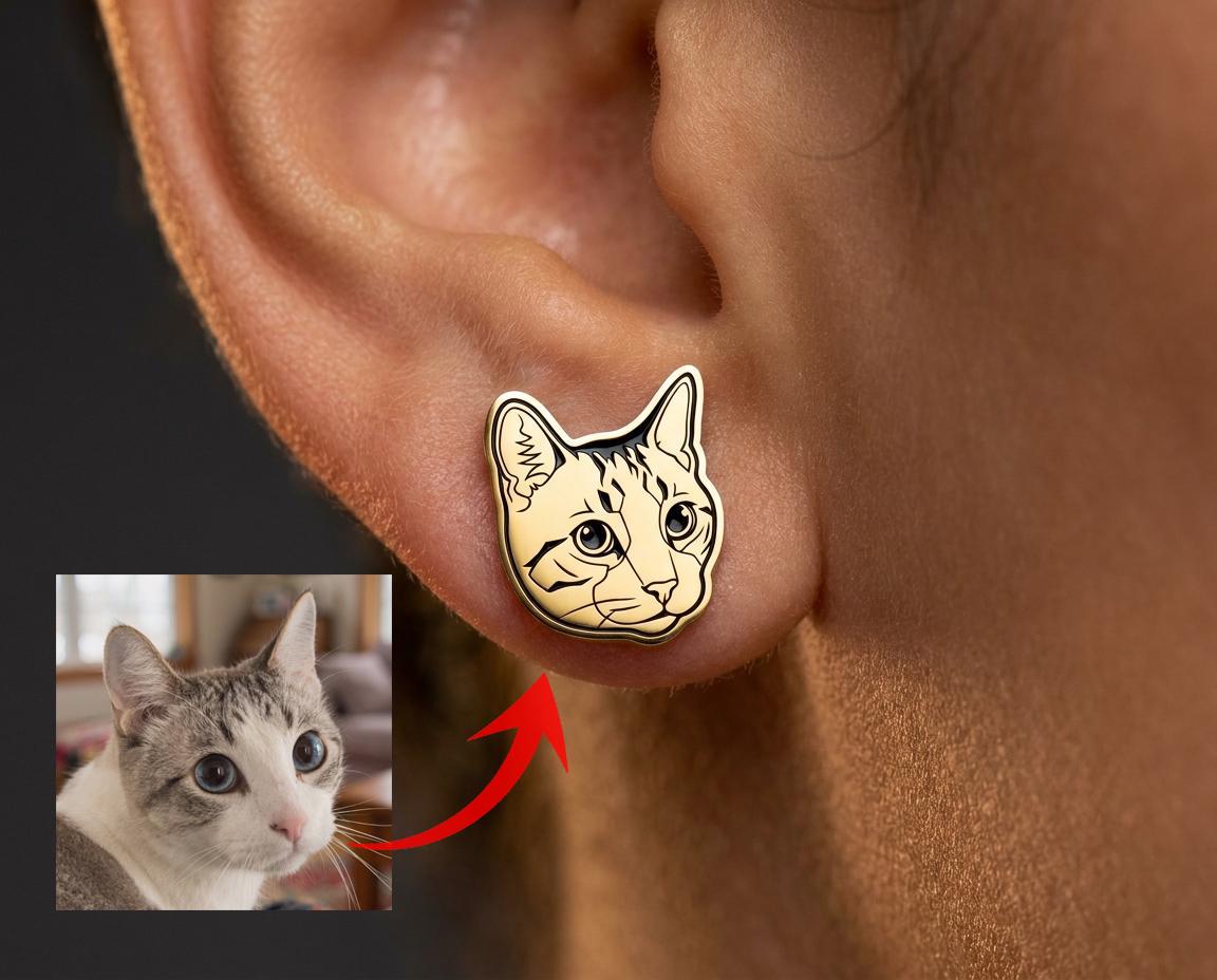 Custom Pet Portrait Earrings, Engraved Dog Photo Studs, Personalized Cat Earring, Pet Memorial Jewelry, Animal Lover Gift, Dog Mom Gift