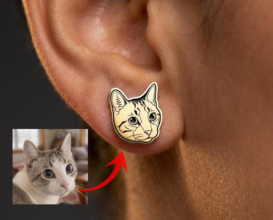 Custom Pet Portrait Earrings, Engraved Dog Photo Studs, Personalized Cat Earring, Pet Memorial Jewelry, Animal Lover Gift, Dog Mom Gift